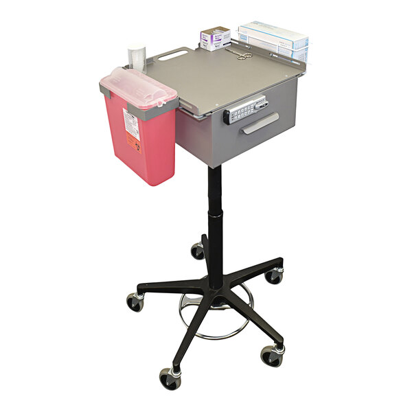 An Omnimed Phlebotomy Cart with a pink tray on a black rolling cart.