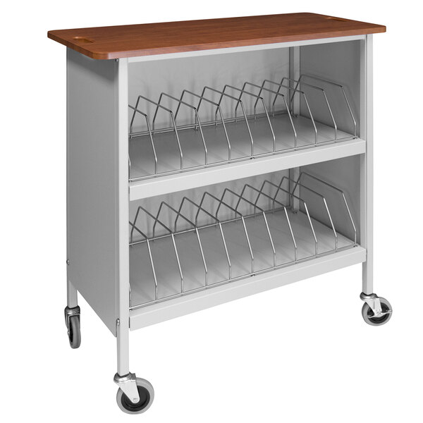 A light gray metal Omnimed chart rack on wheels with a cherry wood top.