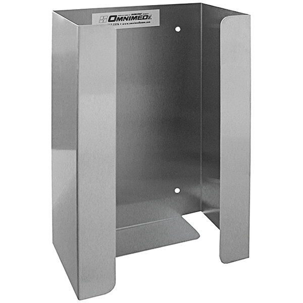 A stainless steel Omnimed disposable glove dispenser.