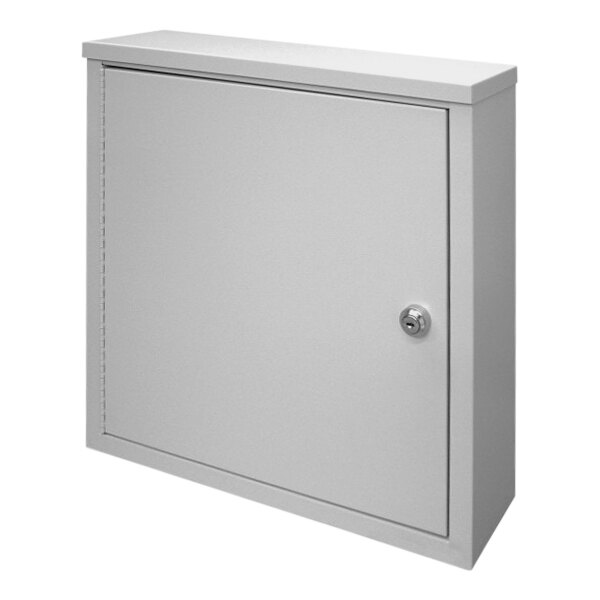 A light gray metal cabinet with a keyhole.