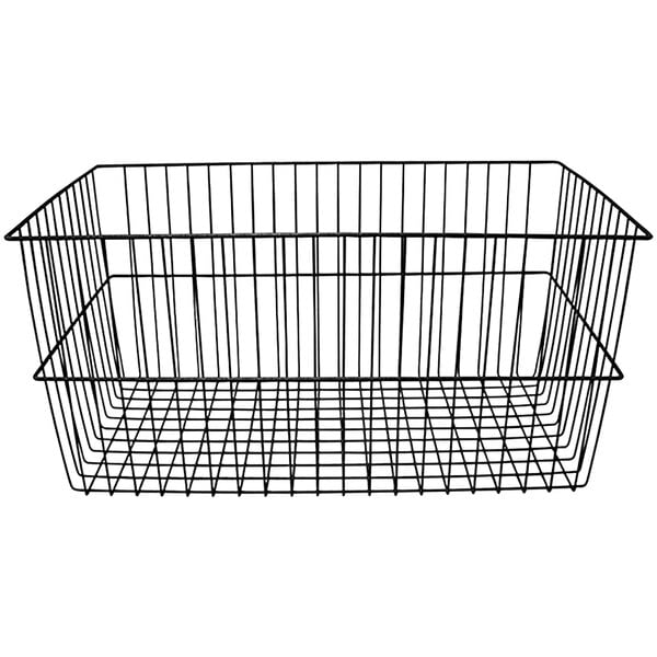A close-up of a black Omnimed wire basket with a handle.