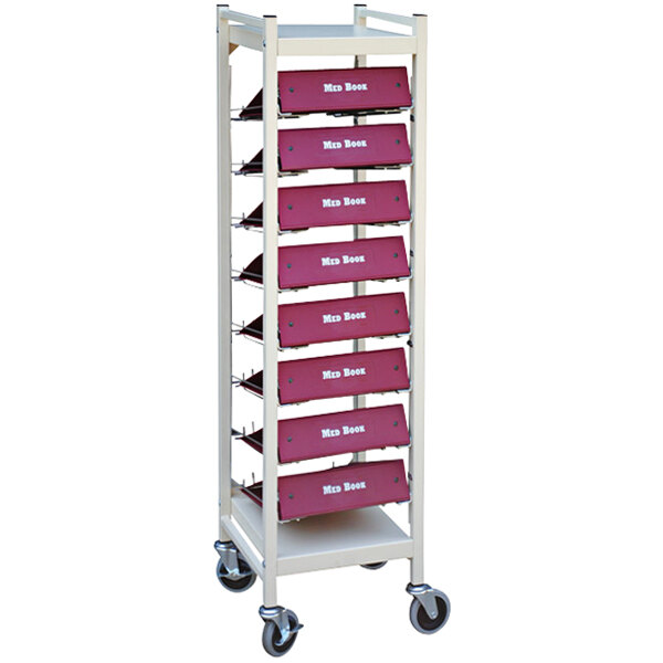 An Omnimed beige metal cart with red drawers.