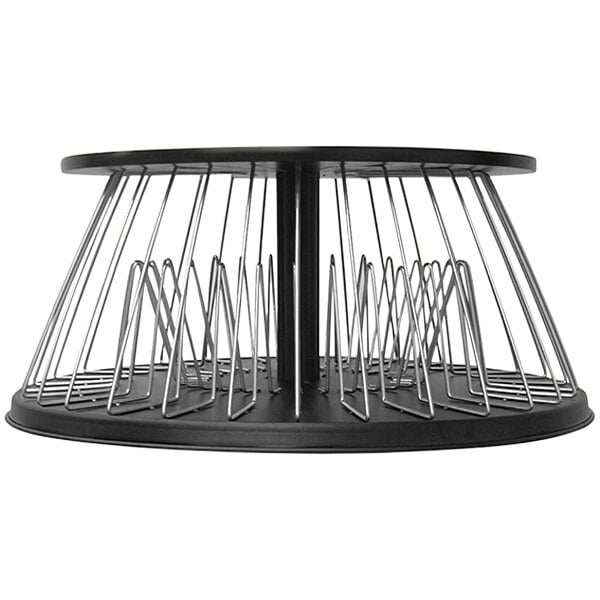 A black and silver wire rack with a metal stand.