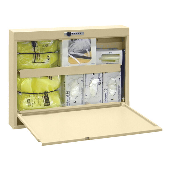 A beige Omnimed isolation wall desk with a yellow lock box.