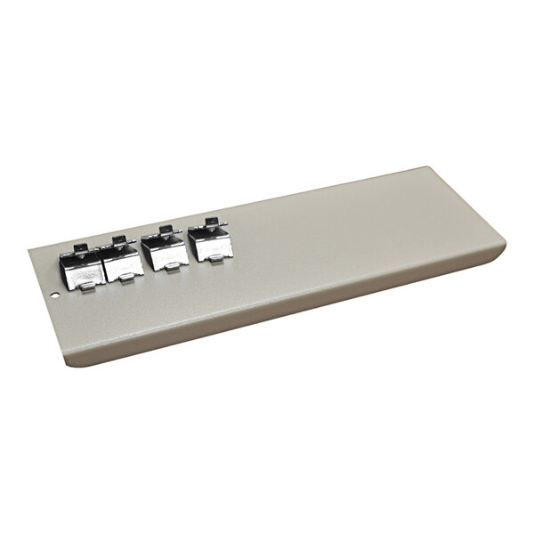 A gray rectangular Omnimed shelf with four metal clips.
