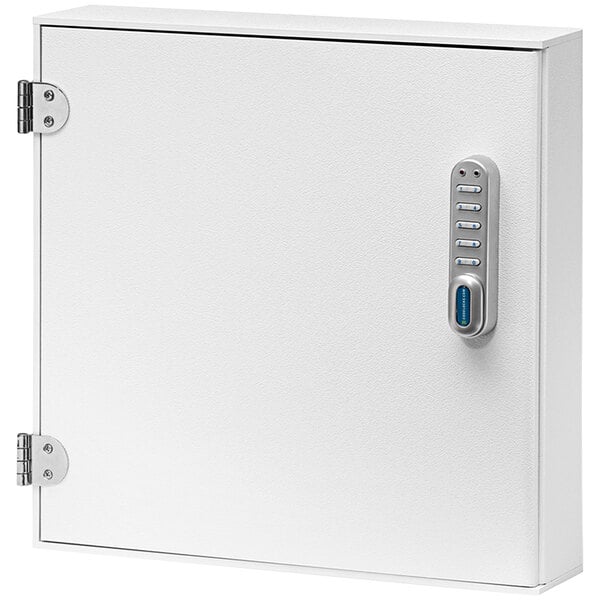 An Omnimed white ABS patient security cabinet with an electronic lock and keypad.