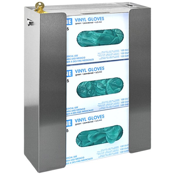 A stainless steel Omnimed glove dispenser with three boxes of gloves inside.