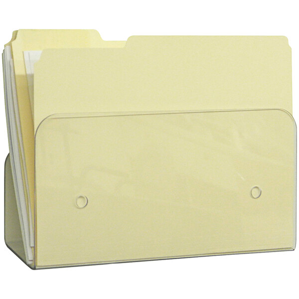 A white plastic wall pocket holding file folders.