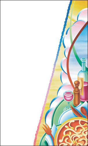 A close-up of a menu paper cover with a pasta themed table setting design including a colorful painting of pizza and other food.