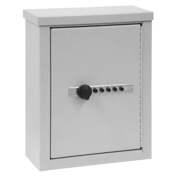 An Omnimed light gray metal wall-mount cabinet with a combination lock.