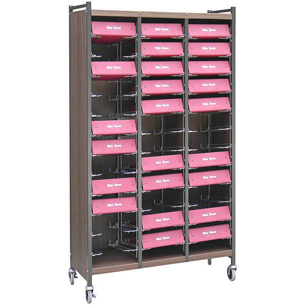 An Omnimed woodgrain storage cart with pink boxes on the shelves.