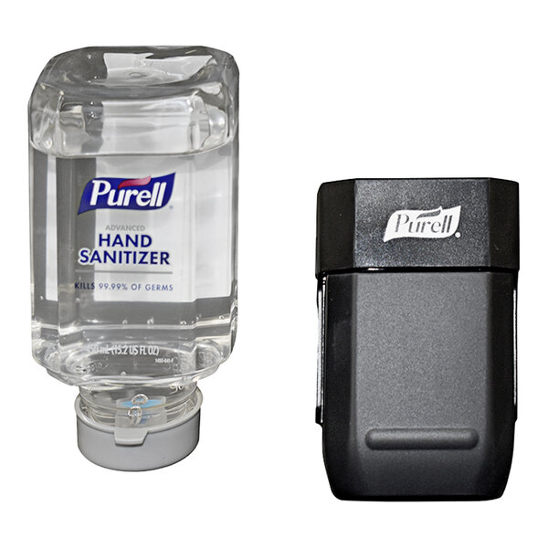 A black Omnimed manual hand sanitizer dispenser holding a clear bottle of hand sanitizer.