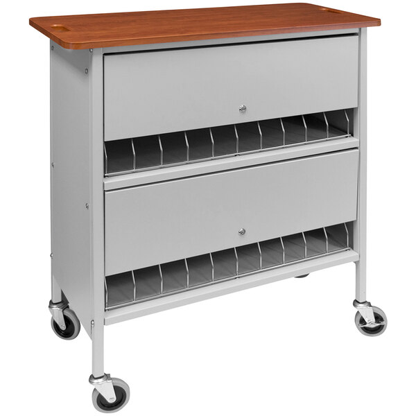 An Omnimed light gray metal cart with two drawers and a cherry wood top.