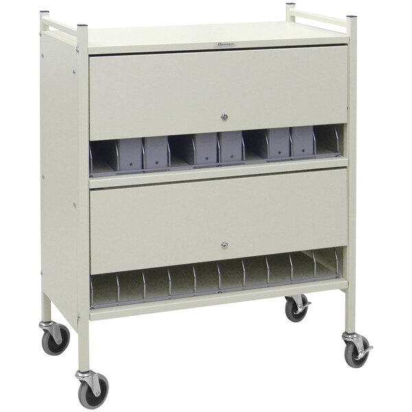 An Omnimed beige metal cart with locking panels and 20 binder shelves.