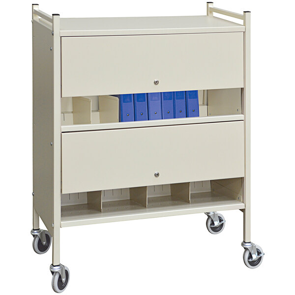 A beige metal cabinet rack with shelves and locking panels.
