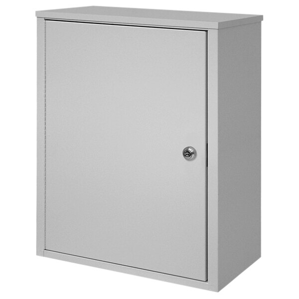 A light gray metal Omnimed wall-mount storage cabinet with a key lock.