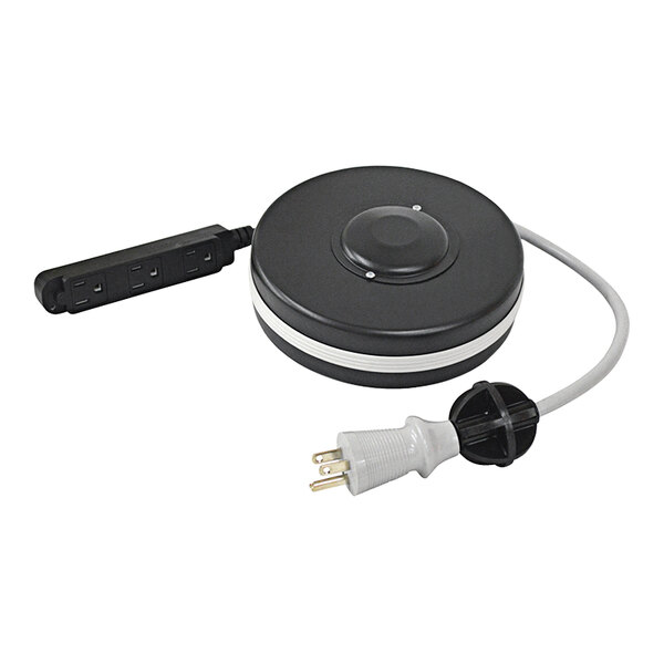 A black round Omnimed cord reel with a white cord and plug.