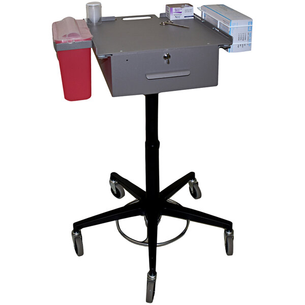 An Omnimed Phlebotomy Cart with a red tray and a red container on a stand.