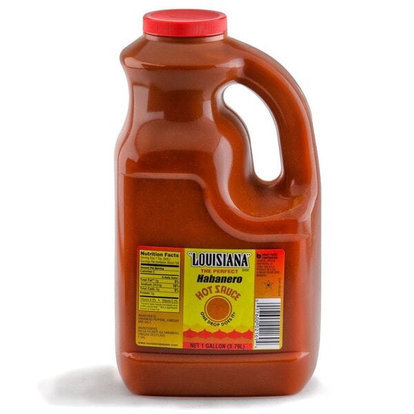 A jug of Louisiana habanero hot sauce with a label.