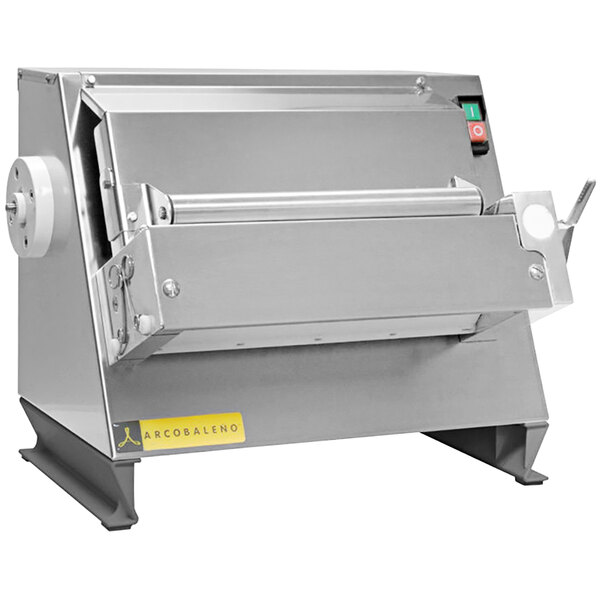 An Arcobaleno countertop dough sheeter with a handle.