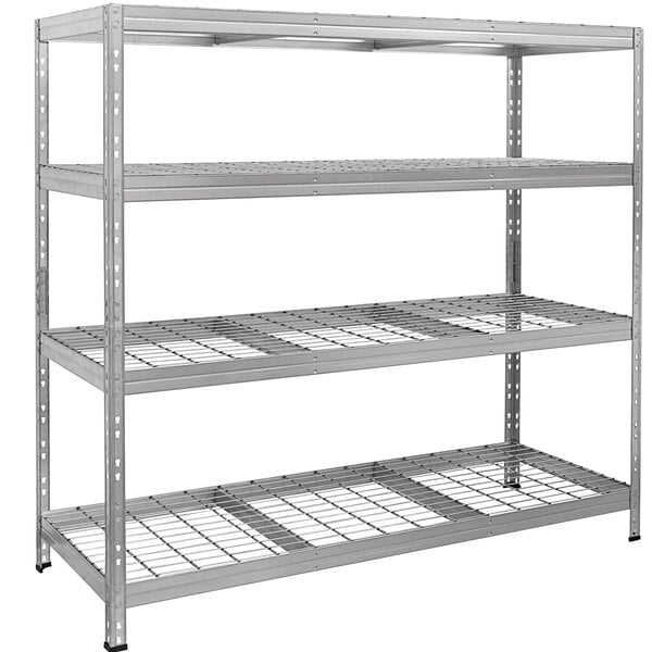 An AR Shelving galvanized boltless wire shelving unit with four shelves.