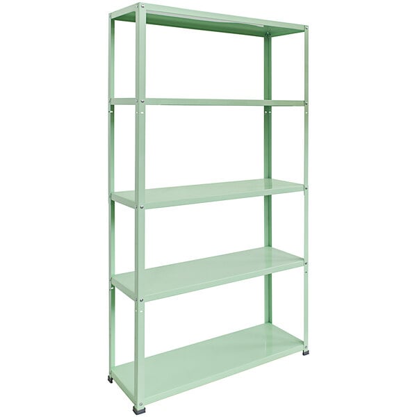 A light green metal AR shelving unit with five shelves.