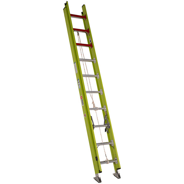 A yellow fiberglass ladder with red ladders.