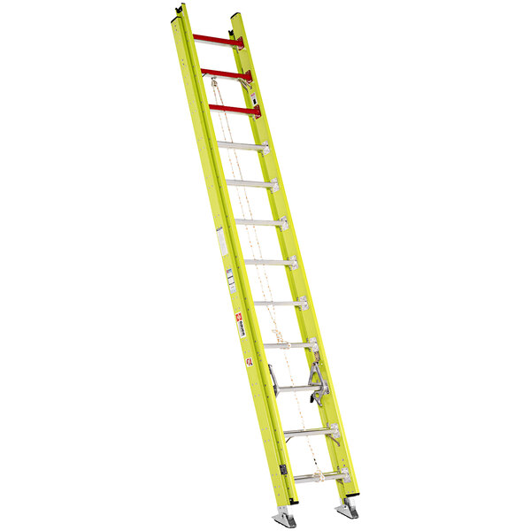 A yellow Bauer Corporation FiberLite extension ladder with red and silver metal ladders.