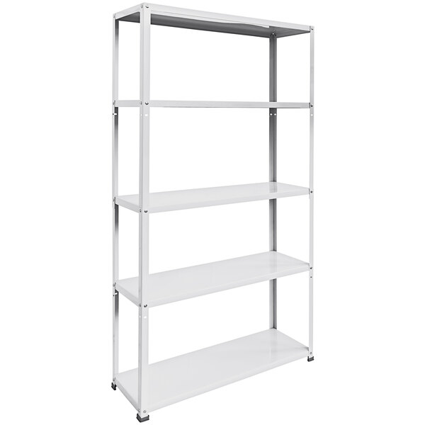 A white metal AR Shelving unit with five shelves.