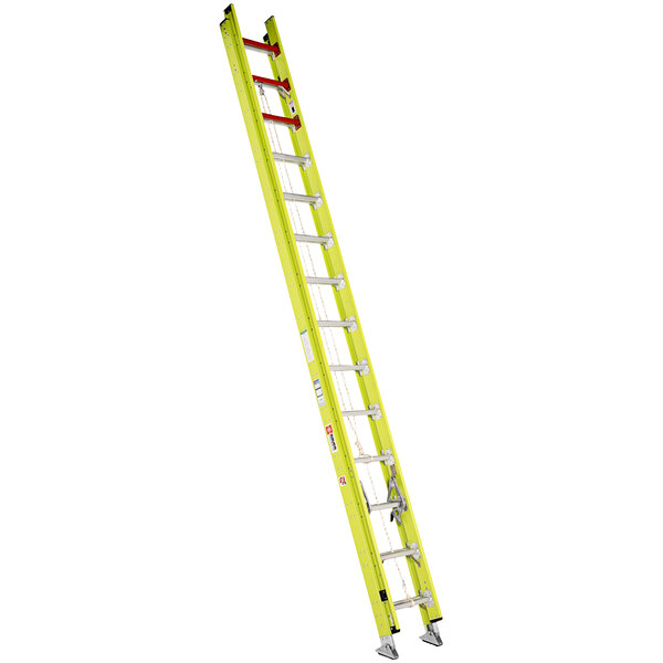 A yellow Bauer Corporation Fiberglass Extension Ladder.