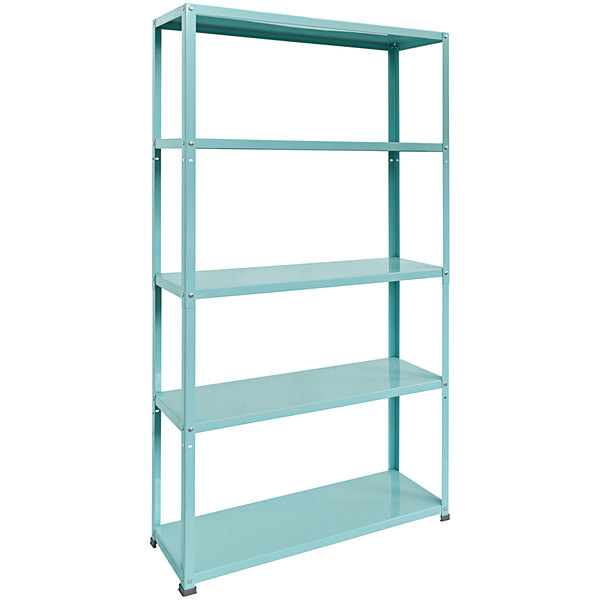 A blue metal AR Shelving unit with five shelves.