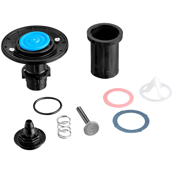 A black and blue boxed diaphragm rebuild kit for urinals with different sized rubber rings inside.