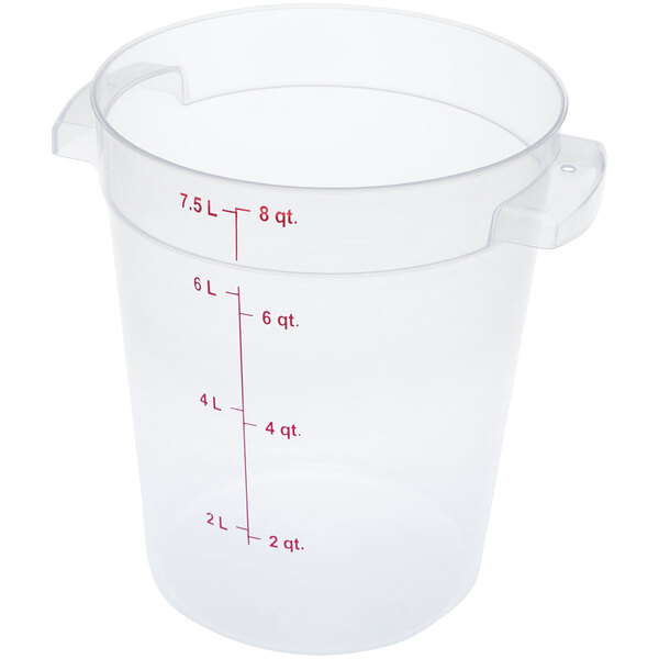 A Carlisle translucent plastic food storage container with measurements.