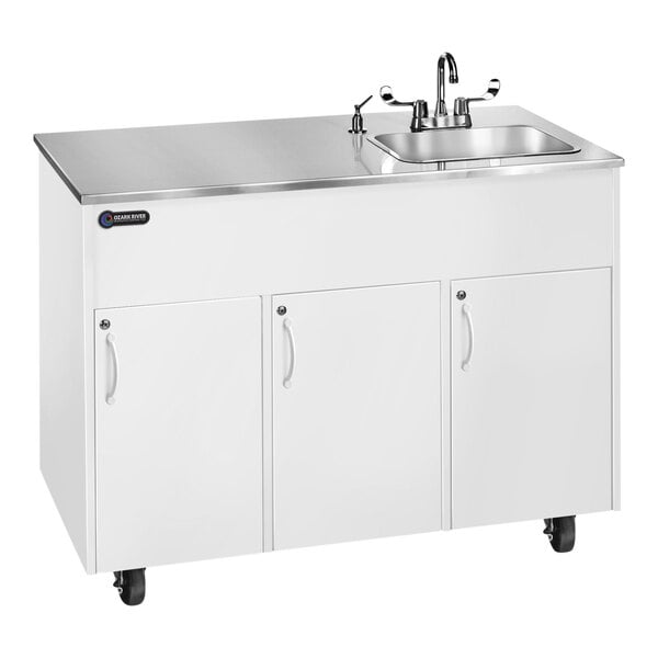 A white Ozark River Manufacturing portable sink with a stainless steel deep basin and faucet.