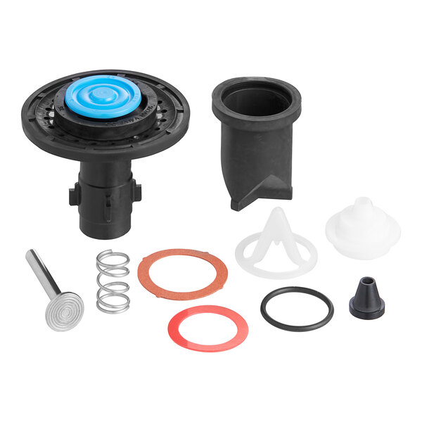 A black plastic and blue rubber Sloan Regal rebuild kit for water closets.