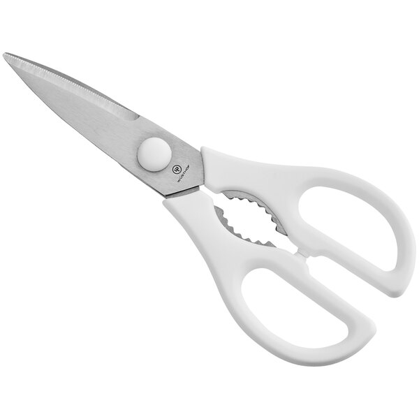 Wusthof kitchen shears with white handles.