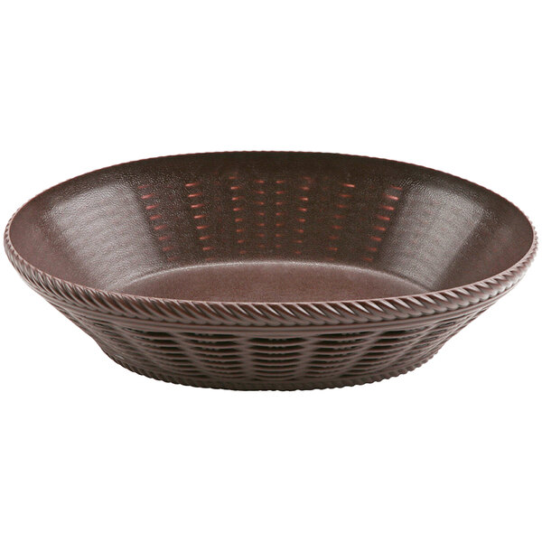 A brown oval plastic basket with a woven pattern.