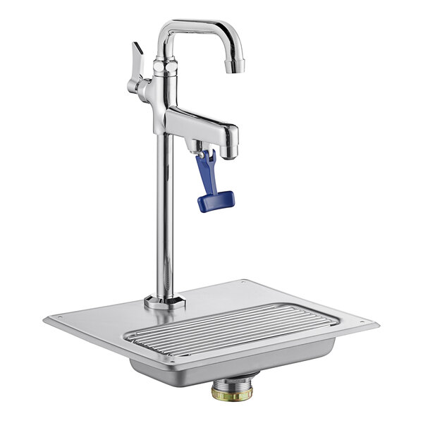 A Waterloo glass filler station with a silver faucet and blue handle on a metal counter.