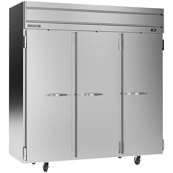 A large silver Beverage-Air reach-in freezer with three doors.