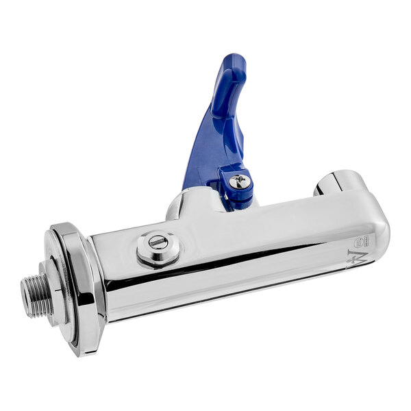 A silver and blue Waterloo wall mounted push back glass filler with a silver and blue handle.