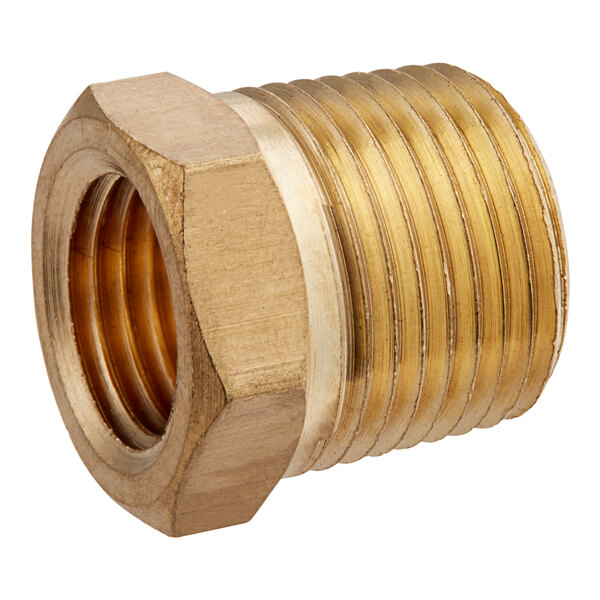 A Regency brass hex bushing with 3/8" male NPT and 1/4" female NPT connections.