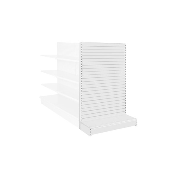 A 36" x 16" x 54" white single-sided slatwall end cap gondola merchandiser with shelves.