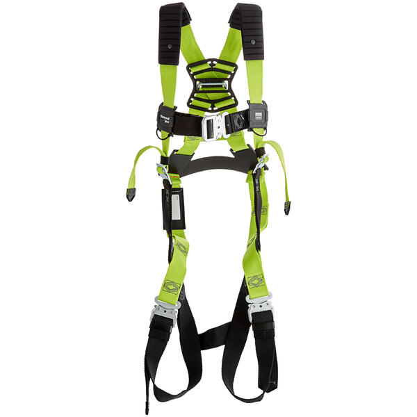 A green and black Honeywell Miller full-body harness for fall protection.