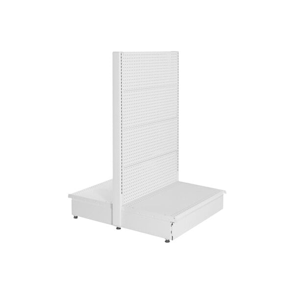 A white double-sided pegboard gondola merchandiser with two shelves on top.