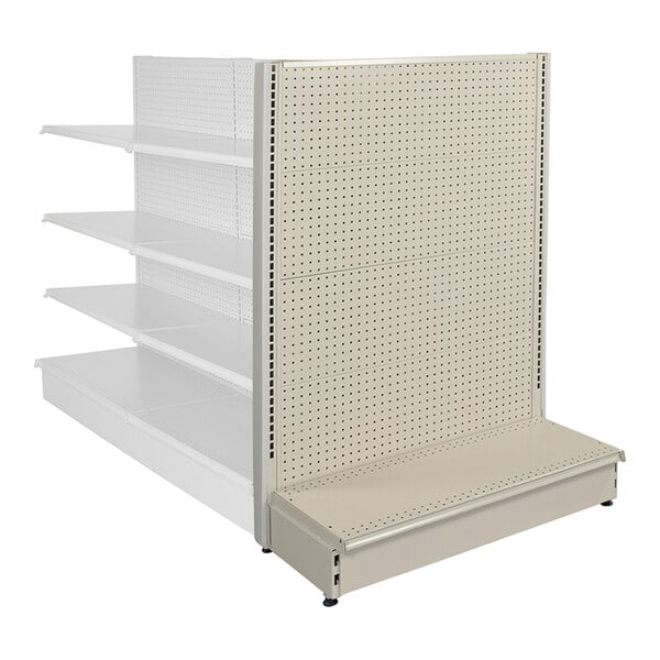 A beige single-sided pegboard gondola with shelves on top and holes.
