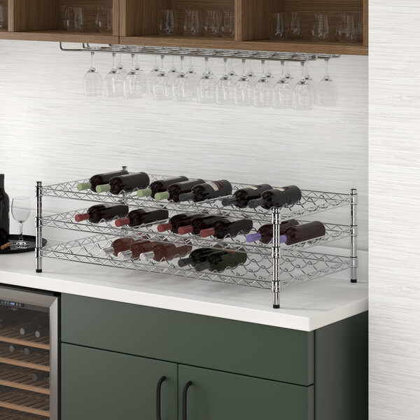 Regency 24" x 48" 3 Shelf 66-Bottle Chrome Wire Wine Rack with 14" Posts