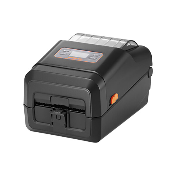 A black Bixolon label printer with orange buttons and a screen.