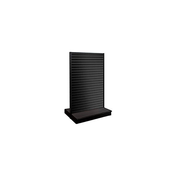 A black rectangular display stand with black slatwall panels on both sides.