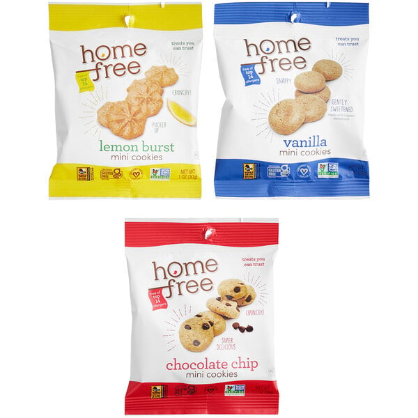 A Homefree Gluten-Free mini cookies counter display box with 30 bags inside.