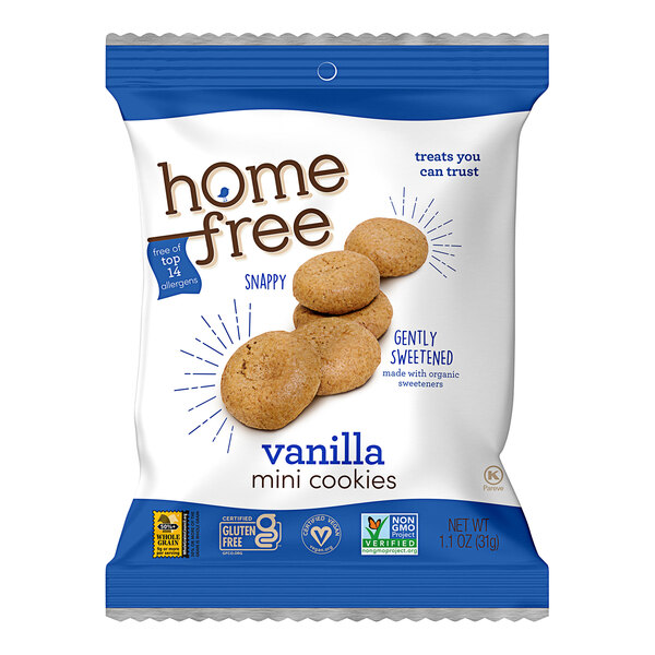 A bag of Homefree gluten-free mini vanilla cookies.